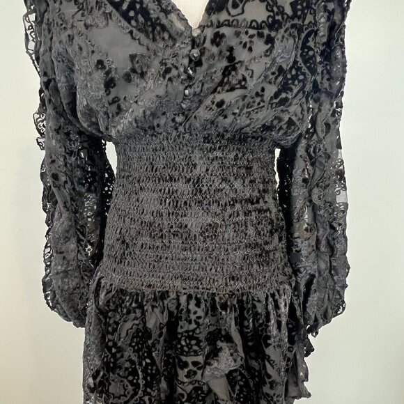 Rococo Sand Black Sade Mini Dress Size Large Velvet Burnout Smocked Bodice NWT - Picture 8 of 16